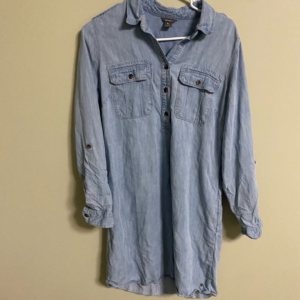 Eddie Bauer Shirt Dress Size 8 Chambray  Tencel Pockets Long Or Roll Sleeves